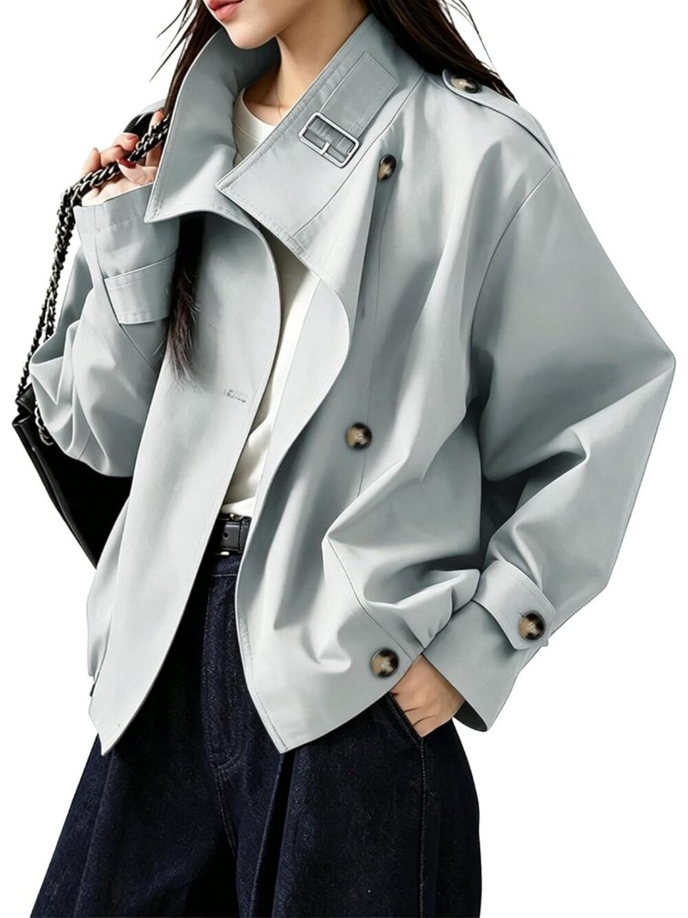 Women's Grey Blue Oversized Funnel Neck Pocket Windbreaker Cropped Trench Coat